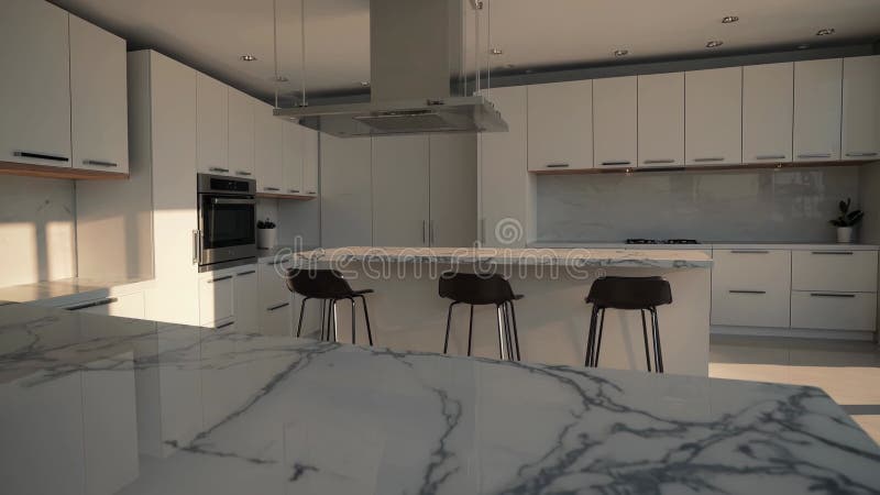 Modern minimalist kitchen with marble island and bar stools stock illustration