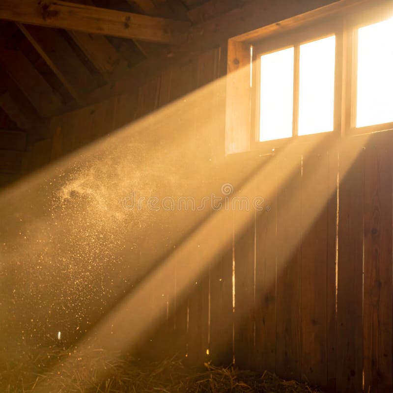 Sunlight Streaming Through Window in Wooden Barn Interior with Dust Motes and Golden Rays royalty free illustration