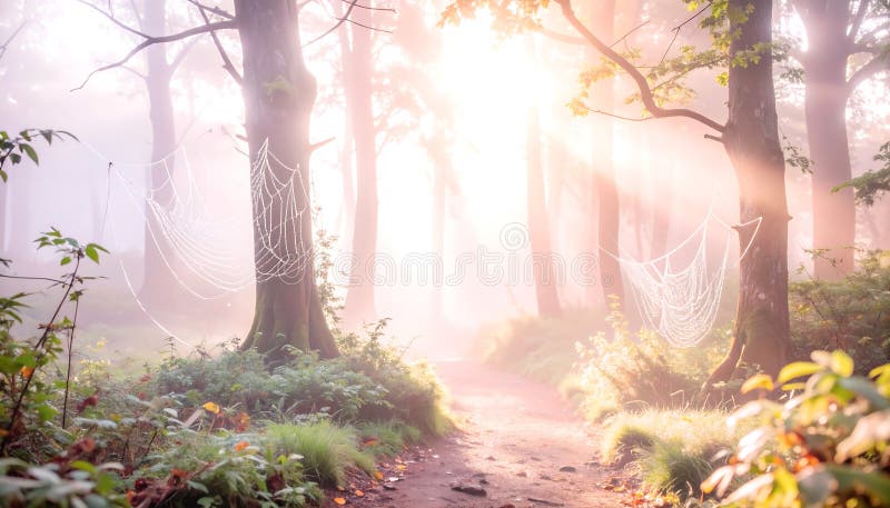 Sunlight streams through misty forest, highlighting spider webs on a path stock illustration