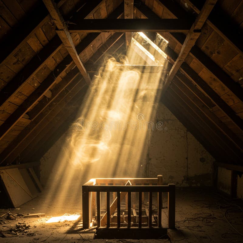 Sunlight streams through a skylight in an attic with a wooden, triangular roof, casting stock illustration