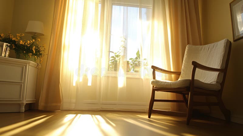 Sunlight streams through a window, illuminating a chair in a cozy room, creating a warm and inviting atmosphere vector illustration