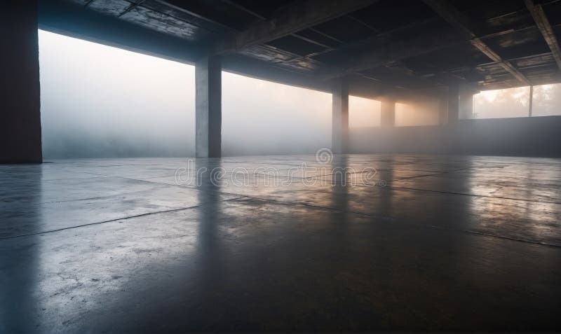 Sunlight streams through the windows of a large, empty building, casting beams of light across the concrete floor stock images