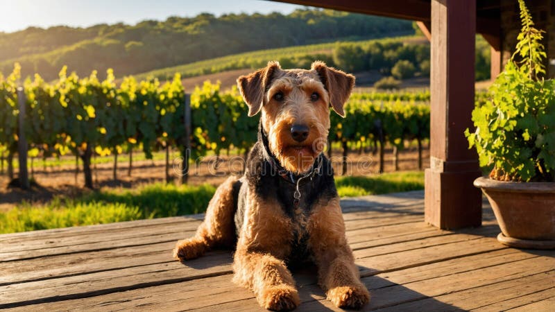 En solbelyst Airedale Terrier kopplar av på ett trädäck med utsikt över en vingård i varmt eftermiddagsljus stock illustrationer