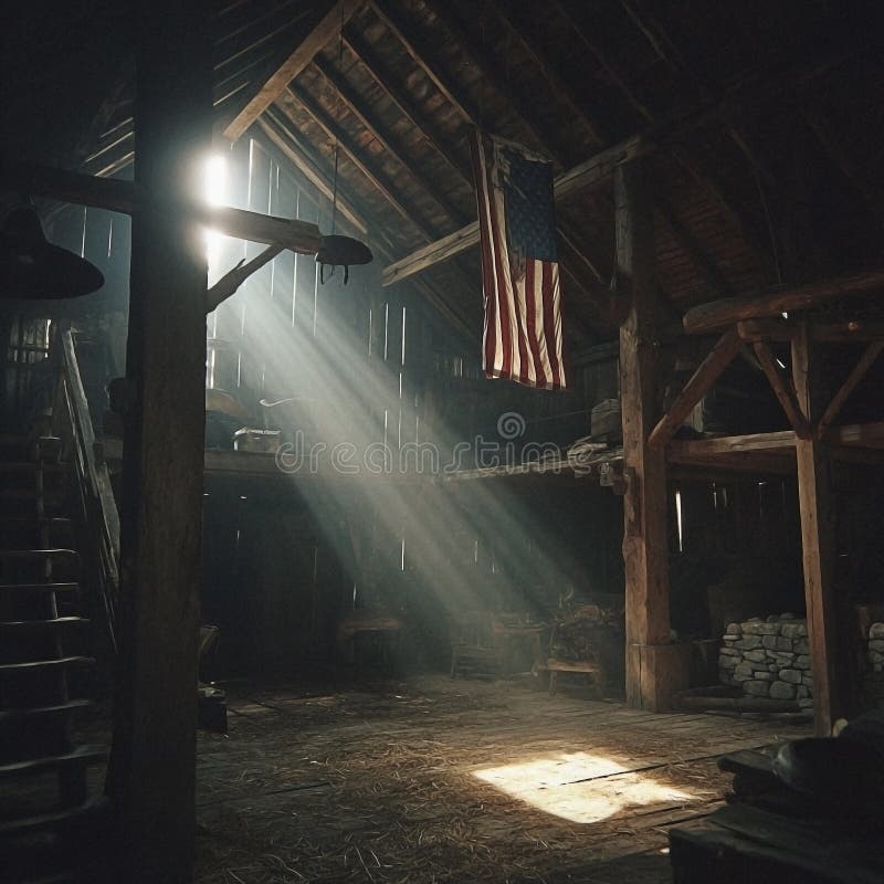 Sunlit American Heritage Rustic Barn Interior with Striking Rays and Flag Display vector illustration