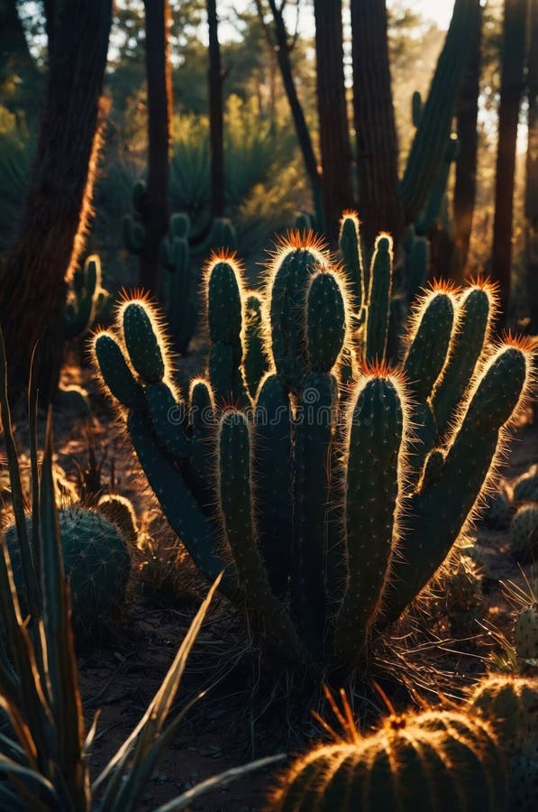 Golden Hour Cactus Silhouette in Desert Landscape stock illustration