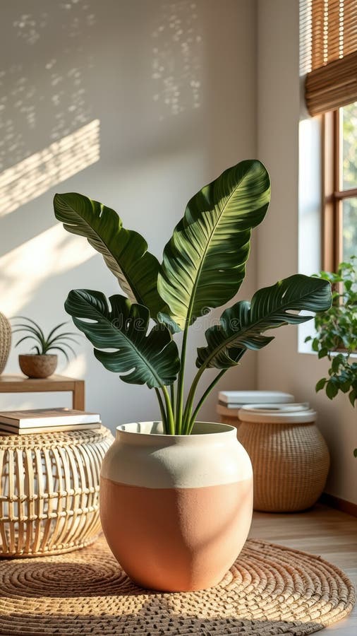 Sunlit camera de zi modernă cu plante tropicale în elemente decorative elegante de rattan stock photography