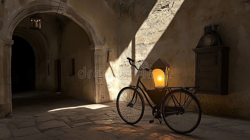 Sunlit courtyard bicycle, lantern, castle, shadows, vintage royalty free stock image