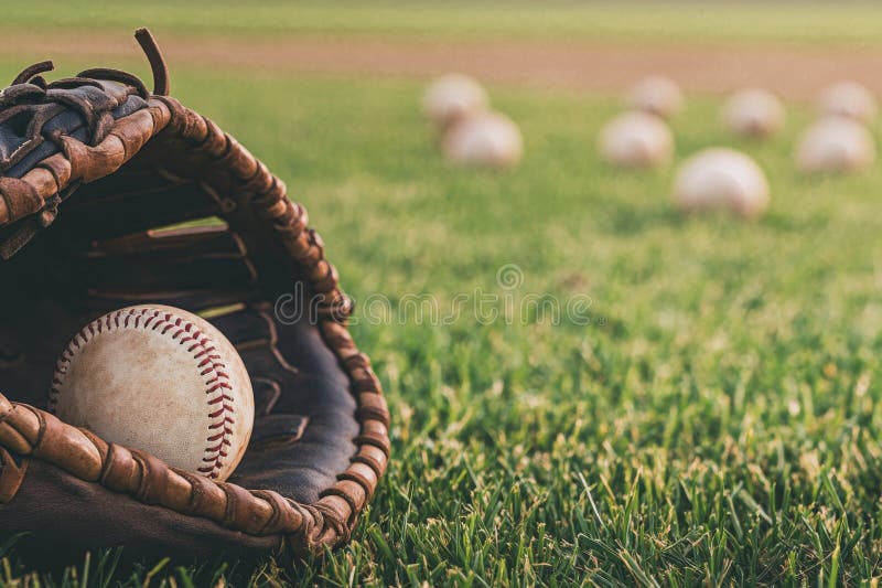 A sunlit field is the setting for a classic baseball and a brown leather glove that are resting royalty free stock image