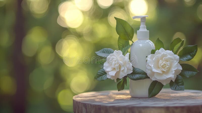 A sunlit garden setting features a white bottle with a pump, encircled by white flowers stock photos