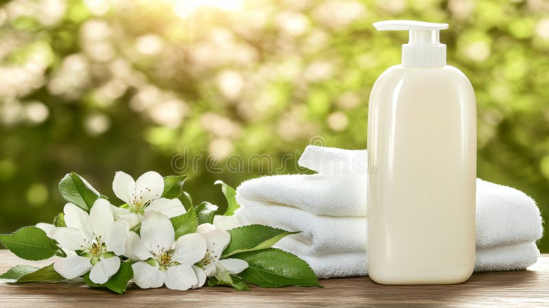 A sunlit garden setting features a white soap dispenser adorned with spring blossoms stock photo