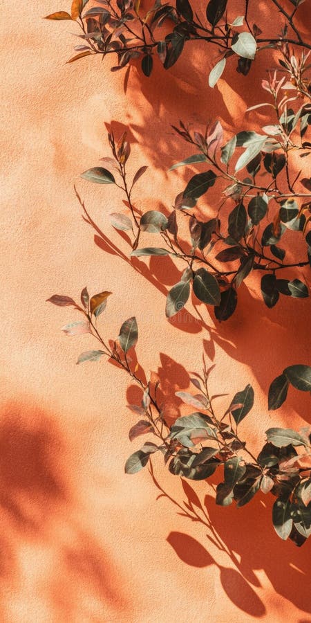 Sunlit greenery casting shadows on a vibrant orange wall royalty free stock photography