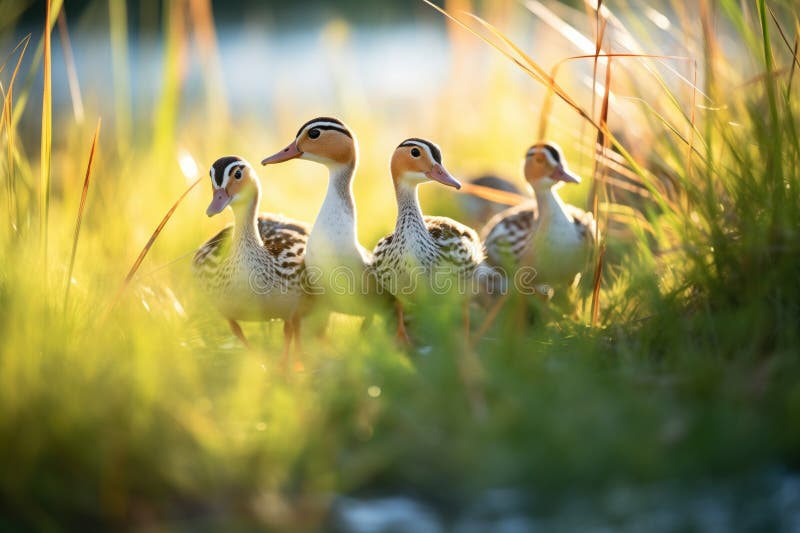 Sunlit group of ducks casting shadows in the grass royalty free stock images