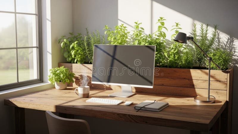 Sunlit home office with rustic decor and indoor herb garden for a refreshing workspace stock photography