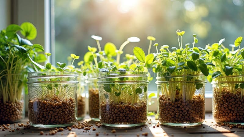 Sunlit indoor herb garden with basil and microgreens in glass jars royalty free stock photo
