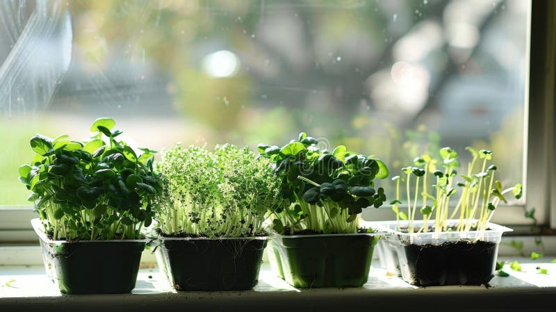 Sunlit Indoor Herb Garden on Window Sill with Fresh Sprouts vector illustration