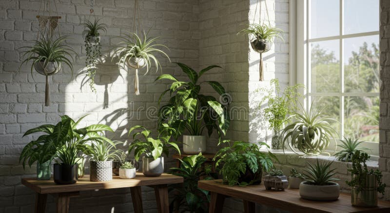 Sunlit indoor plants in a rustic room stock illustratie