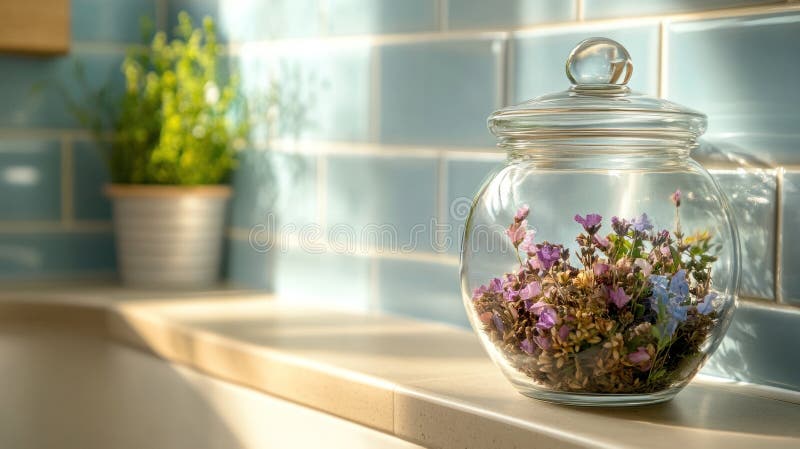 Sunlit Kitchen Martwa Życia : Szklany słoik z kwiatów prężonych ilustracji