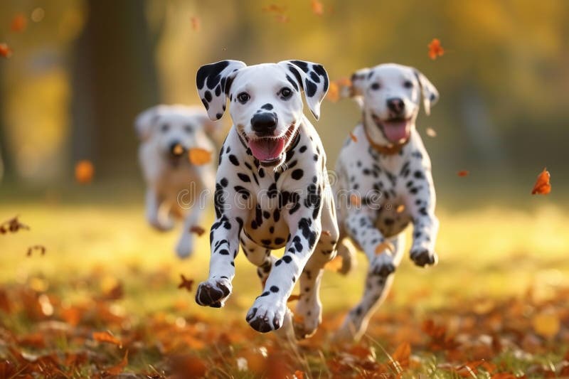 Sunlit mischief Small Dalmatian dogs play and run joyfully outdoors Generative AI