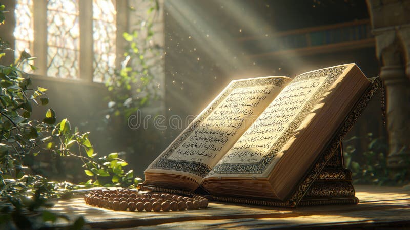 Sunlit open Quran with prayer beads in tranquil ancient library stock image