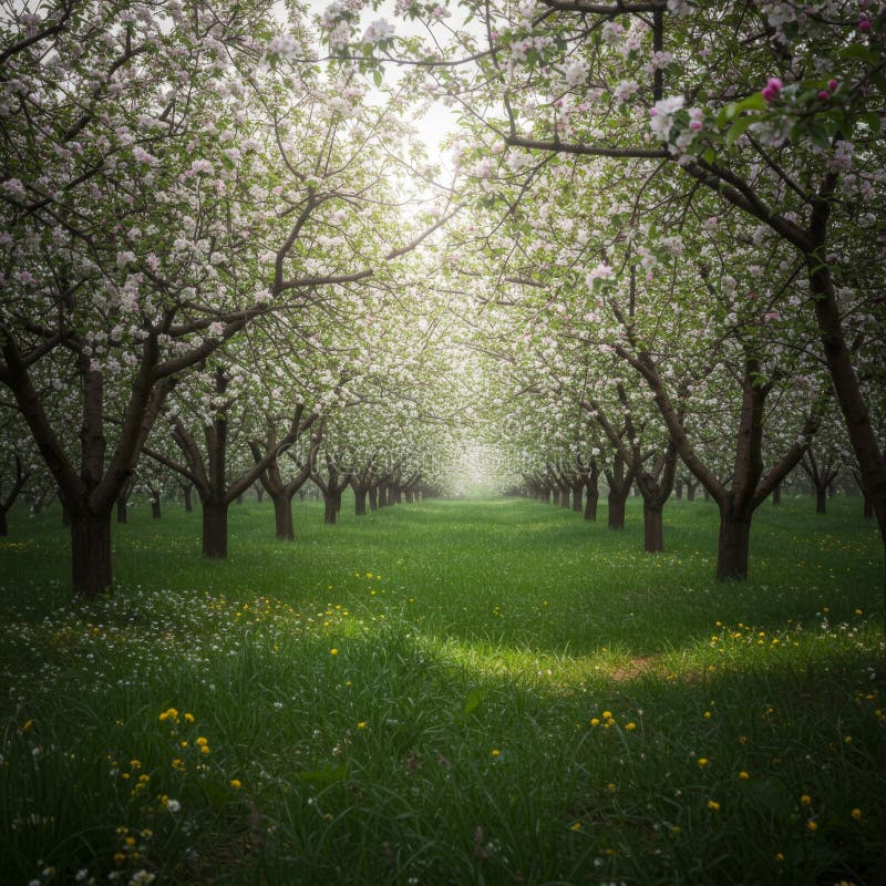 Sunlit Path Through a Blooming Apple Orchard royalty free illustration