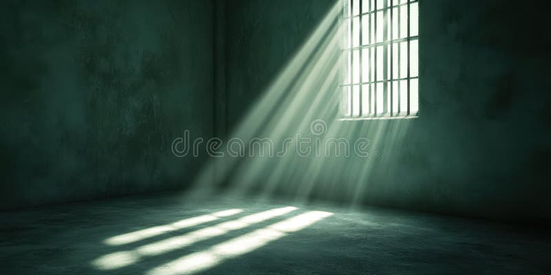 Sunlit prison cell with rays streaming through barred window AI Generative stock image