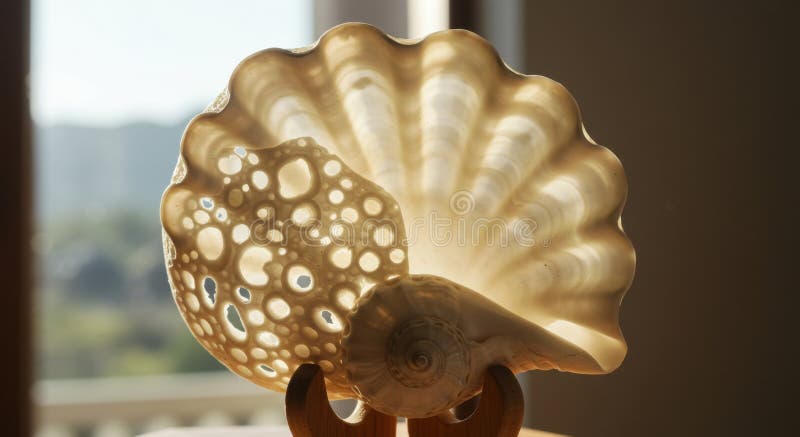 Sunlit seashell with intricate patterns on display stand royalty free stock image