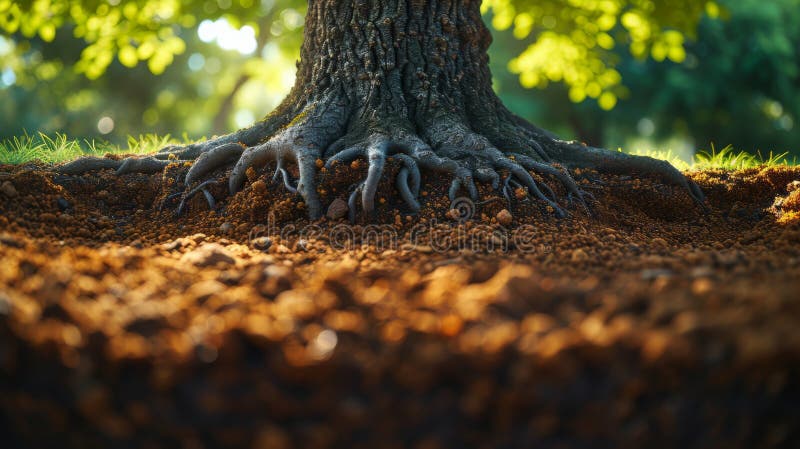 Sunlit tree roots extending over rich soil stock image
