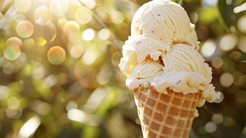 Sunlit Triple Scoop Ice Cream Cone with Bokeh royalty free stock photos