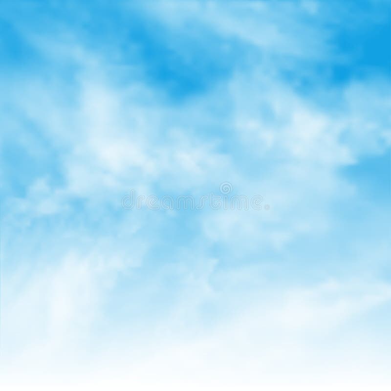 Sunny background, blue sky with white clouds and sun. Square realistic vector banner with blue sky. Banner text space stock illustration