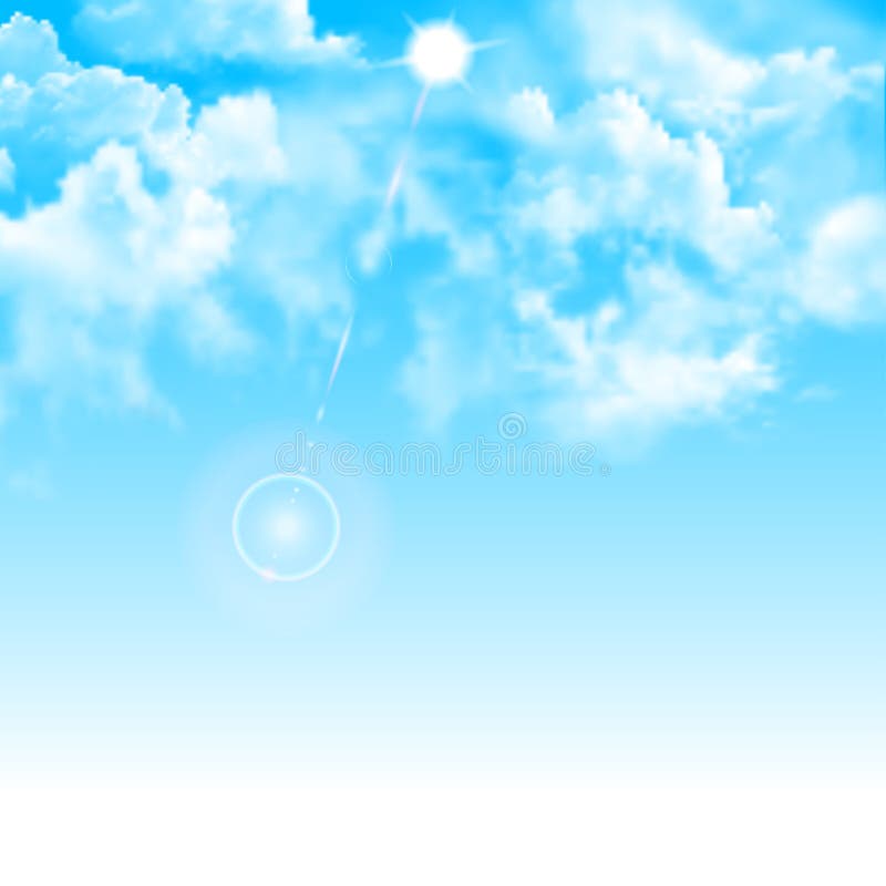 Sunny background, blue sky with white clouds and sun. Square realistic vector banner with blue sky. Banner text space stock illustration