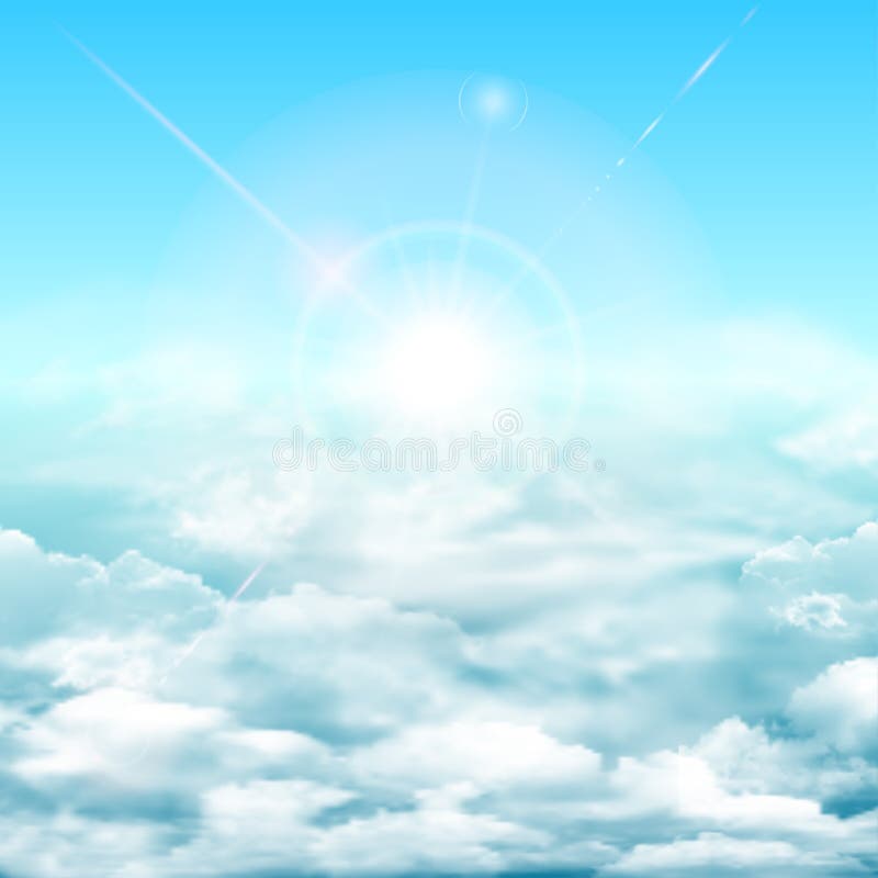 Sunny background, blue sky with white clouds and sun. Square realistic vector banner with blue sky royalty free illustration