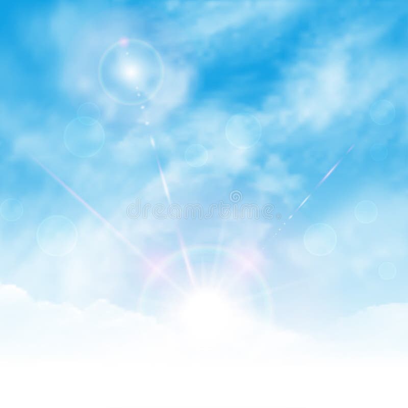 Sunny background, blue sky with white clouds and sun. Square realistic vector banner with blue sky royalty free illustration
