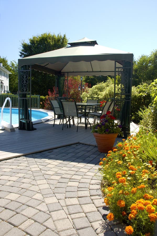 Sunny Backyard. Gazebo In A Sunny Backyard With Swimming Pool Sunny Backyard. Gazebo In A Sunny Backyard With Swimming Pool