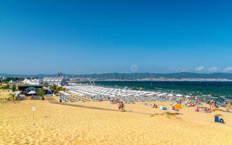 SUNNY BEACH, BULGARIA - 2 SEP 2018: Sunny Beach resort on Bulgaria s Black Sea coast known for its water sports, sand dunes, and