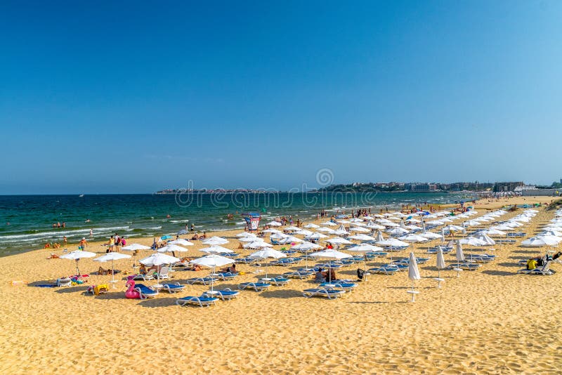 SUNNY BEACH, BULGARIA - 2 SEP 2018: Sunny Beach resort on Bulgaria s Black Sea coast known for its water sports, sand dunes, and