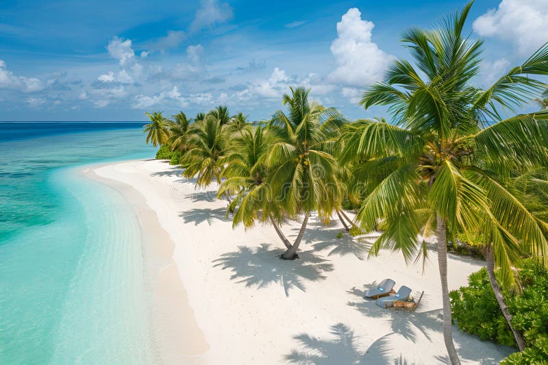 Sunny Beach in the Maldives. Palm trees, sand, sea. Landscape from a bird's eye view. Sunny Beach in the Maldives. Palm trees, sand, sea. Landscape from a bird's eye view.