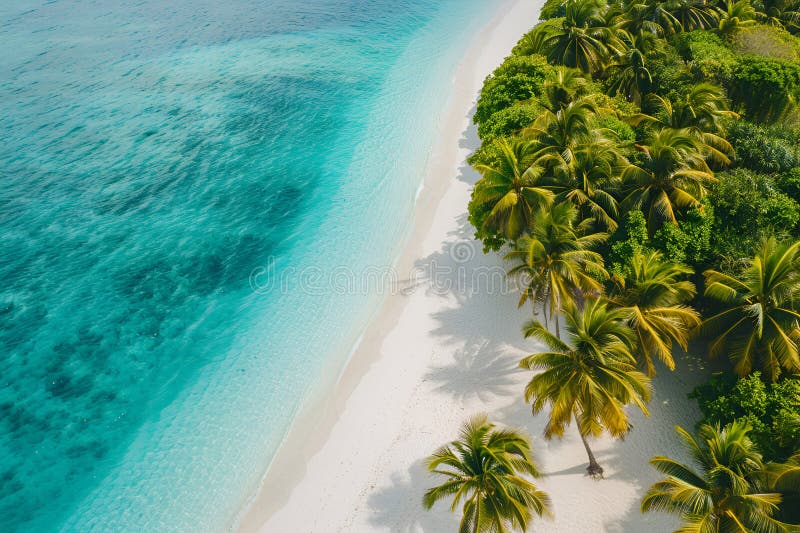 Sunny Beach in the Maldives. Palm trees, sand, sea. Landscape from a bird's eye view. Sunny Beach in the Maldives. Palm trees, sand, sea. Landscape from a bird's eye view.