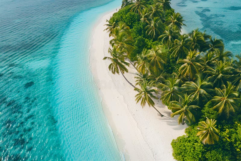 Sunny Beach in the Maldives. Palm trees, sand, sea. Landscape from a bird's eye view. Sunny Beach in the Maldives. Palm trees, sand, sea. Landscape from a bird's eye view.