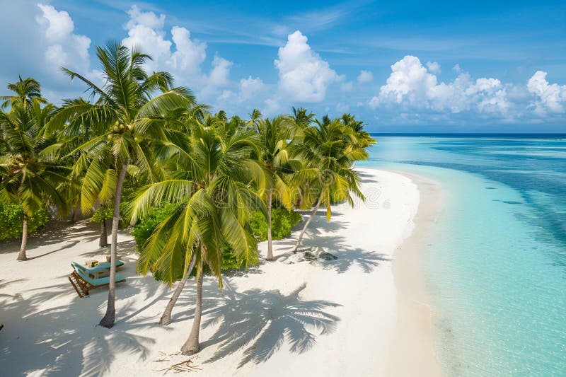 Sunny Beach in the Maldives. Palm trees, sand, sea. Landscape from a bird's eye view. Sunny Beach in the Maldives. Palm trees, sand, sea. Landscape from a bird's eye view.