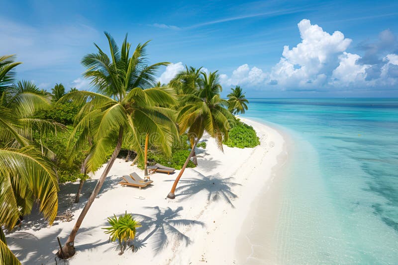 Sunny Beach in the Maldives. Palm trees, sand, sea. Landscape from a bird's eye view. Sunny Beach in the Maldives. Palm trees, sand, sea. Landscape from a bird's eye view.