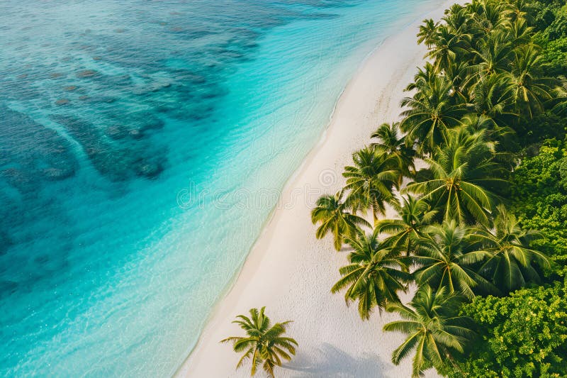 Sunny Beach in the Maldives. Palm trees, sand, sea. Landscape from a bird's eye view. Sunny Beach in the Maldives. Palm trees, sand, sea. Landscape from a bird's eye view.