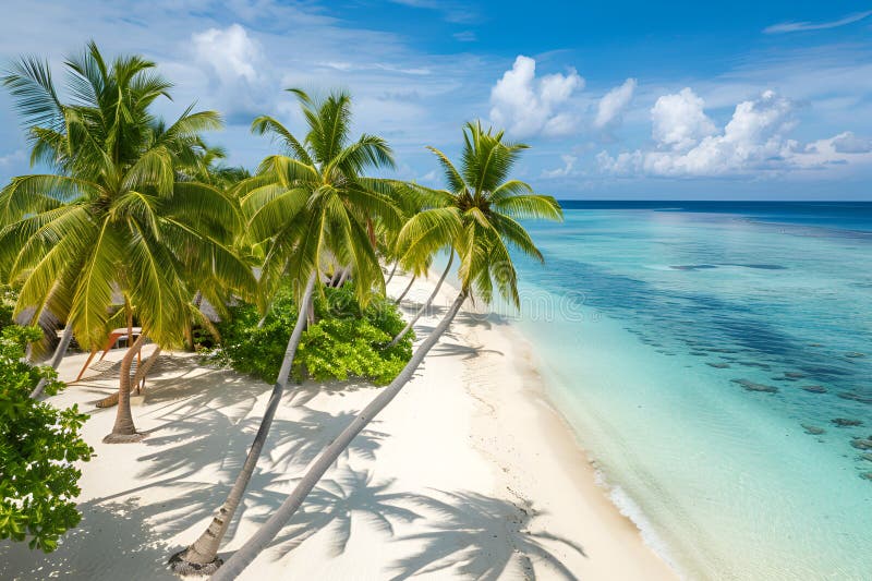 Sunny Beach in the Maldives. Palm trees, sand, sea. Landscape from a bird's eye view. Sunny Beach in the Maldives. Palm trees, sand, sea. Landscape from a bird's eye view.