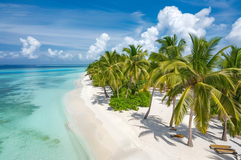 Sunny Beach in the Maldives. Palm trees, sand, sea. Landscape from a bird's eye view. Sunny Beach in the Maldives. Palm trees, sand, sea. Landscape from a bird's eye view.