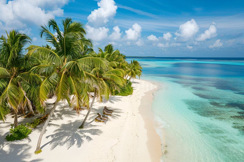 Sunny Beach in the Maldives. Palm trees, sand, sea. Landscape from a bird's eye view. Sunny Beach in the Maldives. Palm trees, sand, sea. Landscape from a bird's eye view.