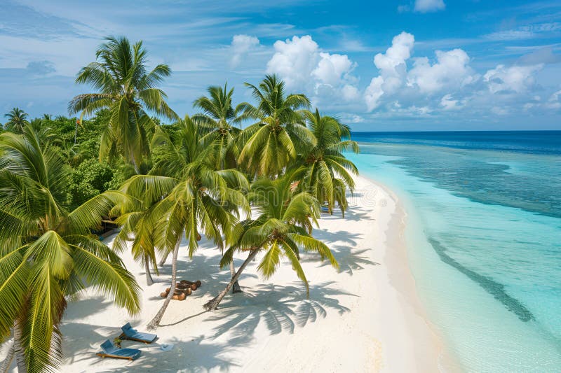 Sunny Beach in the Maldives. Palm trees, sand, sea. Landscape from a bird's eye view. Sunny Beach in the Maldives. Palm trees, sand, sea. Landscape from a bird's eye view.