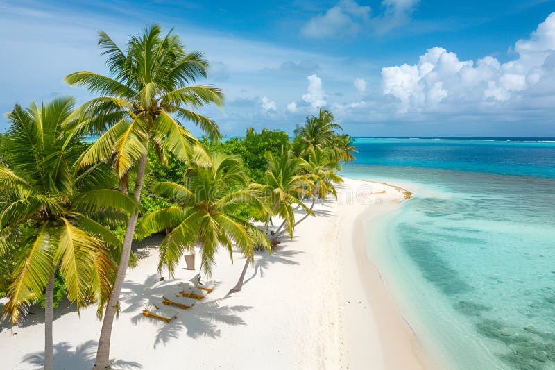 Sunny Beach in the Maldives. Palm trees, sand, sea. Landscape from a bird's eye view. Sunny Beach in the Maldives. Palm trees, sand, sea. Landscape from a bird's eye view.