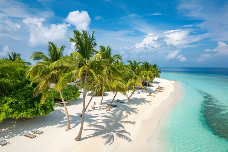 Sunny Beach in the Maldives. Palm trees, sand, sea. Landscape from a bird's eye view. Sunny Beach in the Maldives. Palm trees, sand, sea. Landscape from a bird's eye view.