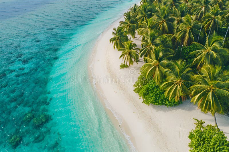 Sunny Beach in the Maldives. Palm trees, sand, sea. Landscape from a bird's eye view. Sunny Beach in the Maldives. Palm trees, sand, sea. Landscape from a bird's eye view.