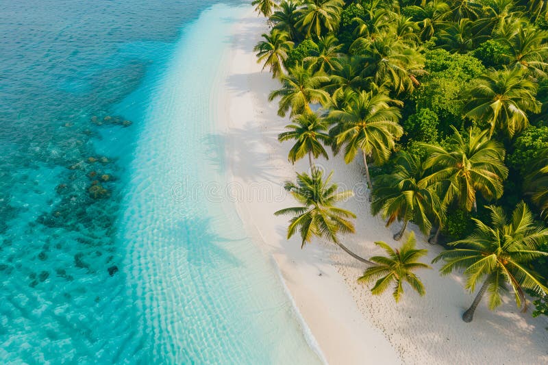 Sunny Beach in the Maldives. Palm trees, sand, sea. Landscape from a bird's eye view. Sunny Beach in the Maldives. Palm trees, sand, sea. Landscape from a bird's eye view.