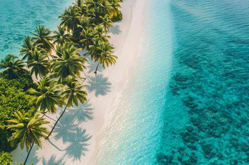 Sunny Beach in the Maldives. Palm trees, sand, sea. Landscape from a bird's eye view. Sunny Beach in the Maldives. Palm trees, sand, sea. Landscape from a bird's eye view.